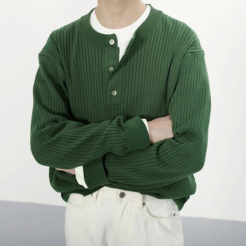 AIDASE  -  Casual Buttoned Crew Neck Knit Jumper Tops Men Vintage Knitting Sweaters Trendy Mens Autumn Long Sleeve Solid Color Sweater aidase-shop